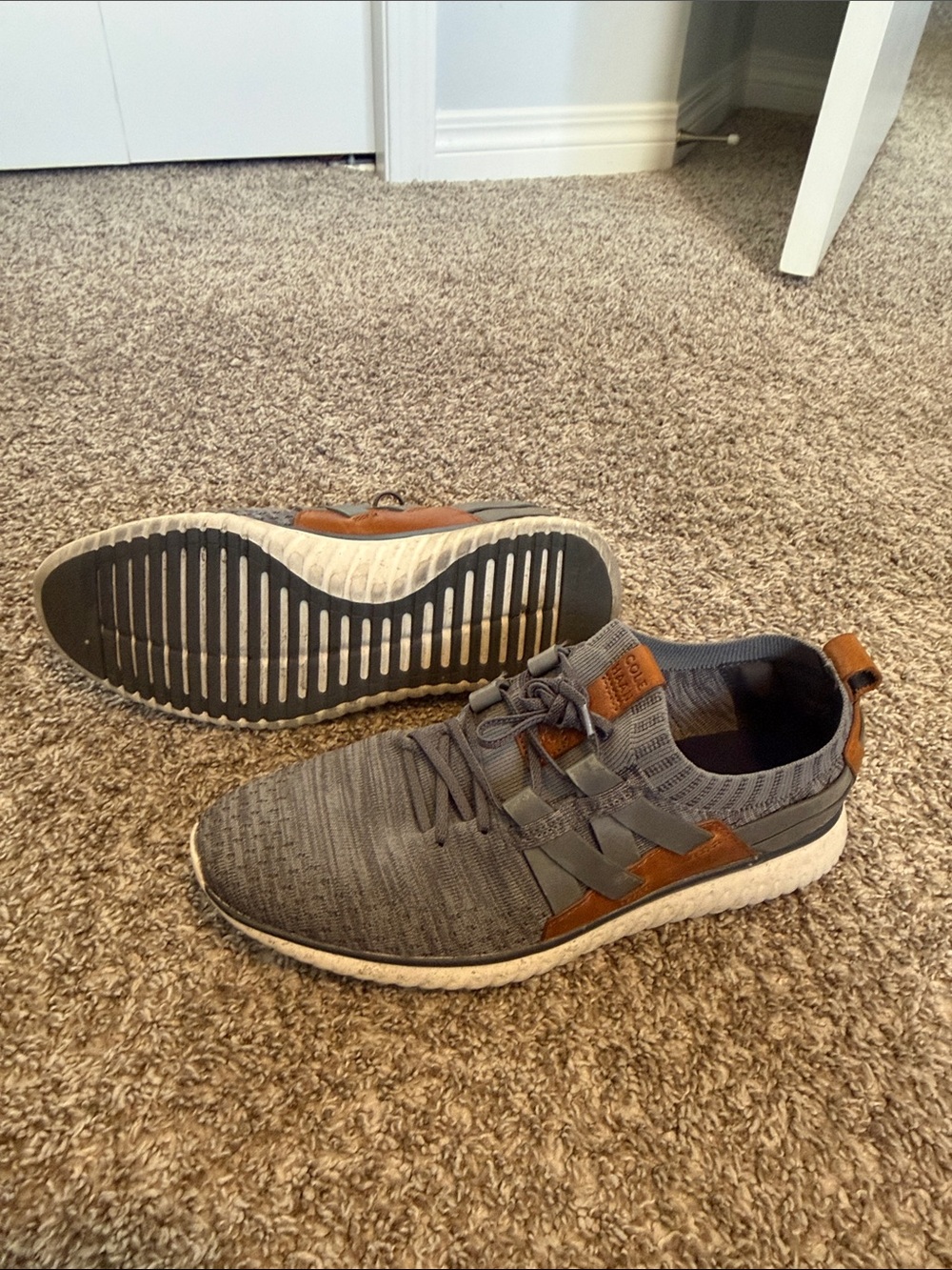 Cole Haan Grey Knit Sneakers with Brown Leather Accents